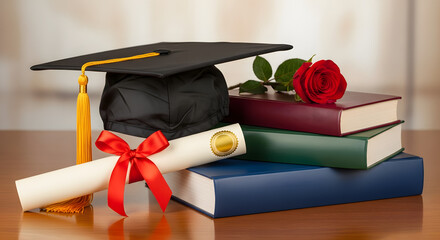 Academic Success: Graduation Cap, Diploma, Books & Rose