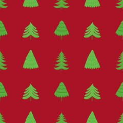 Obraz premium Chrisrtmas tree flat vector seamless pattern. Pines and fir trees pattern on red background