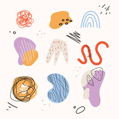 Set of hand drawn cartoon elements in different shape with doodle decorative. Design for chat, sticker, icon.Vector