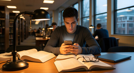 Student Researching on Smartphone in University Library