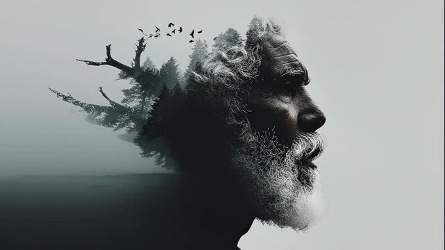 Old man portrait with forest landscape. Mystical foggy woods in double exposure. Concept of human connection to nature footage.