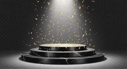A captivating spotlight shines down upon a sleek, multi-tiered marble podium as shimmering confetti descends, a perfect visual for celebratory occasions. vector illustration