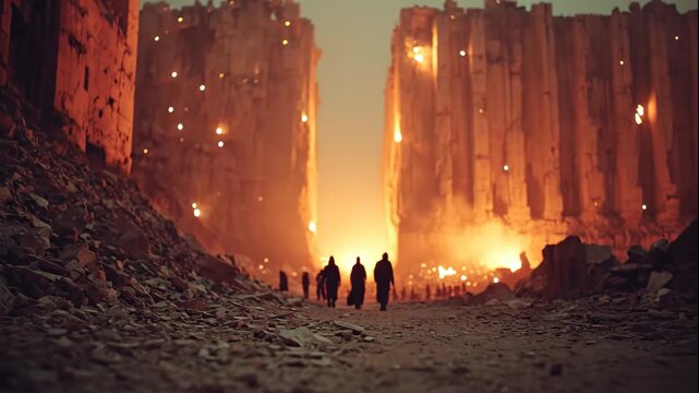 Group of figures walking through a destructive dystopian landscape with glowing rocks and crumbling structures, sci fi footage
