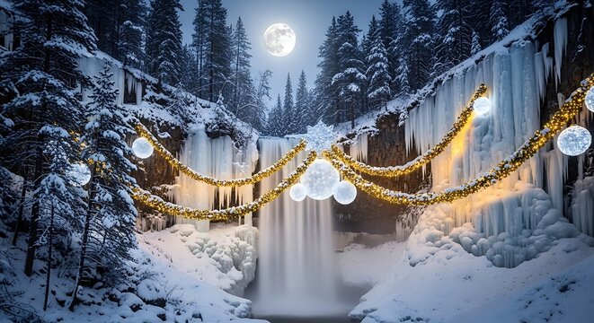 A winter wonderland scene with a waterfall icicles and christmas lights under a bright full moon sky