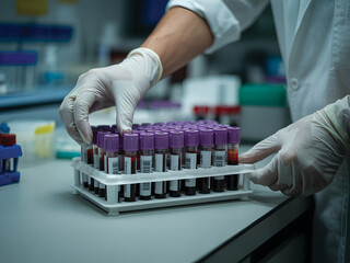 Medical Laboratory Technician Handling Blood Sample Vials in Rack