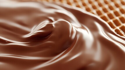 Smooth, glossy milk chocolate swirls cascade over a textured grid surface