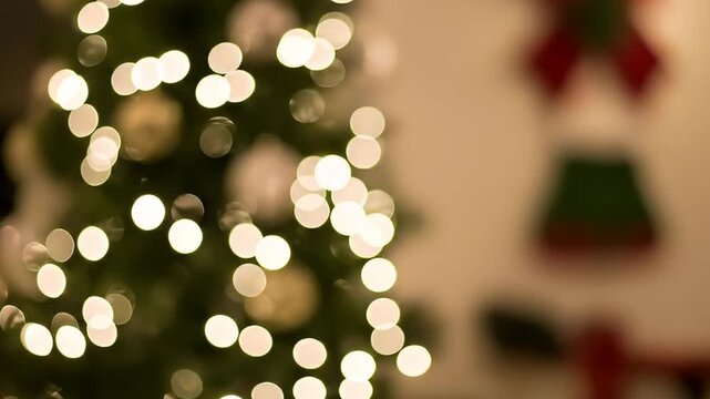 A beautifully blurred close-up captures the enchanting glow of decorative lights on a festive evergreen tree. The warm, soft bokeh circles create a magical and cozy atmosphere, perfect for evoking fee