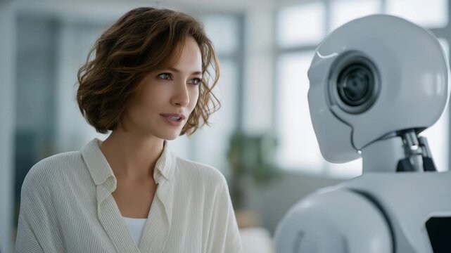 Close-up of a humanoid robot smiling gently while communicating with a person, representing emotional AI interaction, human-robot empathy, and the blending of technology with emotion. cinematic