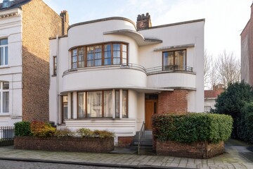 Fototapeta premium A contemporary architectural design showcases a one-of-a-kind residential building nestled in a serene neighborhood, beautifully photographed in daylight