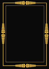 Elegant black background with golden decorative frame and wheat ornament. Luxury vintage border design for invitation, certificate, greeting card, or poster template.