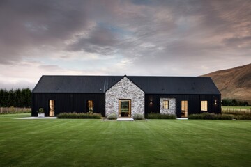 Obraz premium A contemporary farmhouse featuring sleek black and stone elements is nestled amidst verdant grass, set against a breathtaking backdrop of scenic mountains.