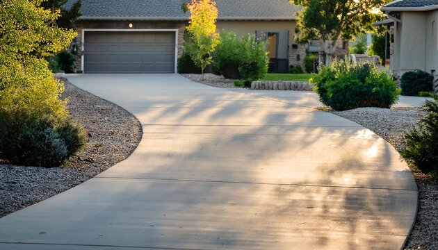 medium shot of smooth and durable concrete driveway with rustic charm