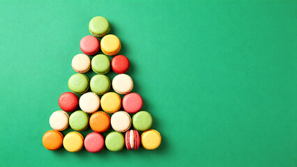 Obraz premium Christmas tree made of colorful macaroons on a green background, space for text