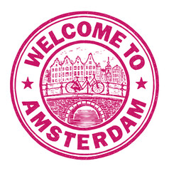 Welcome to Amsterdam showcases bicycles, bridges, and canals in a vibrant red rubber stamp design