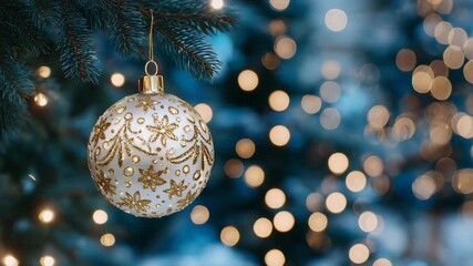101Macro shot of golden bauble surrounded by glowing lights, tree needles illuminated softly, festive elegance captured in rich detail