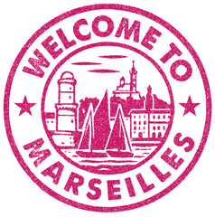 Rubber stamp design welcoming guests to the beautiful Old Port area of Marseille, showcasing sailing boats and the city skyline