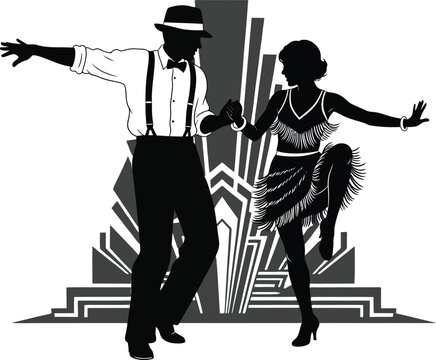 Silhouette of a 1920s couple dancing the Charleston in front of an art deco design 1930s