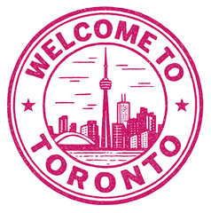 Obraz premium Red rubber stamp featuring the CN Tower and skyline with the text Welcome to Toronto for travel enthusiasts