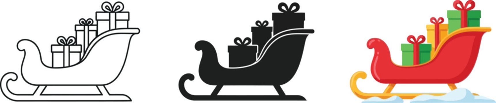 A set of three distinct icons depicting a Christmas sleigh filled with gift boxes. The styles include a black outline, a solid black silhouette, and a colorful version with a red sleigh, green and yel