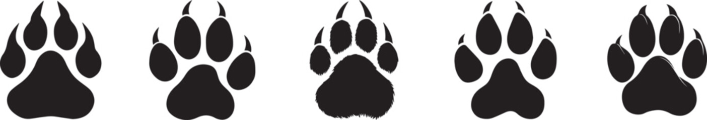 Black animal paw print silhouettes in a row, vector illustration of wild bear and wolf footprints for wildlife design, logo, or pet-related projects, perfect for outdoor, nature, and adventure themes © Hina