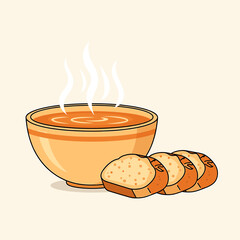 Classic Steaming Soup Bowl with Sliced Bread. Cozy Meal Vector Illustration.
