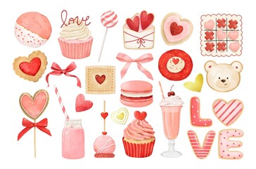 Watercolor hand drawn Valentines Day sweets illustrations set