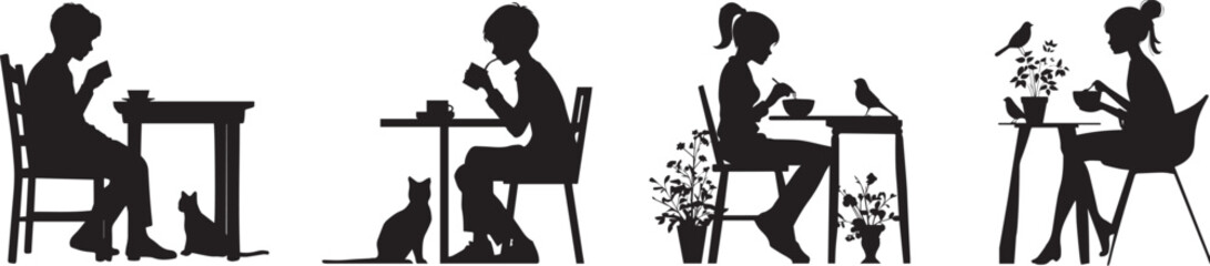 Minimalist black silhouette illustration of woman drinking coffee at a table with cat and birds, peaceful morning cafe scene, relaxing lifestyle concept, simple white background design