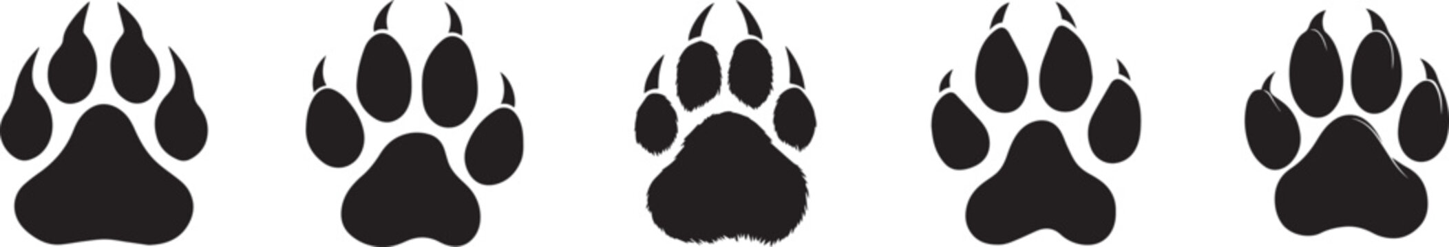 Black animal paw print silhouettes in a row, vector illustration of wild bear and wolf footprints for wildlife design, logo, or pet-related projects, perfect for outdoor, nature, and adventure themes