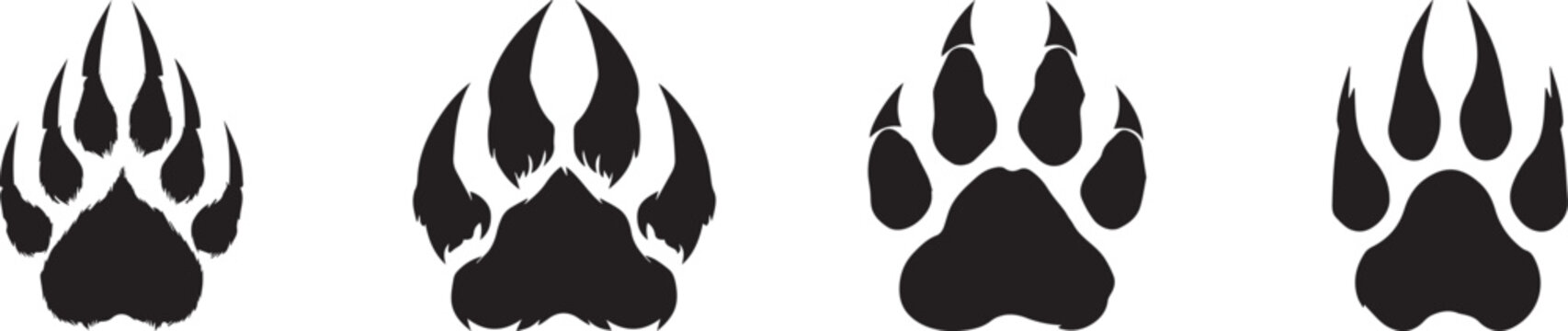 Black animal paw print silhouettes collection showing wild bear and wolf footprints, minimalist vector illustration for wildlife design, nature logo, tracking, and outdoor adventure themes