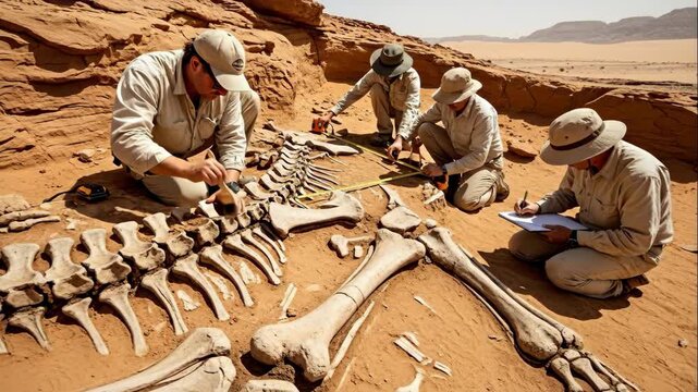 Paleontologist team unearthing a dinosaur skeleton in the desert. Ancient fossil excavation for scientific study. Archeological discovery footage.