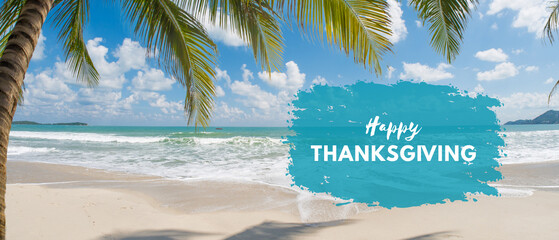 lovely happy thanksgiving palm tree & beach greeting card with text and logo space