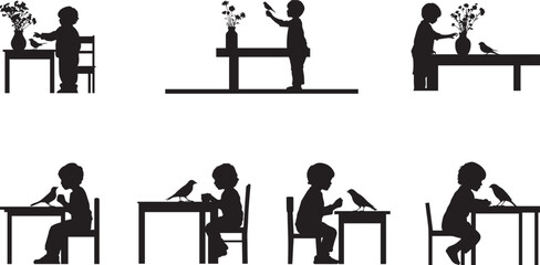 Silhouette of child sitting at table feeding bird and arranging flowers, black and white vector illustration showing kindness, nature connection, childhood innocence, and simple lifestyle concept