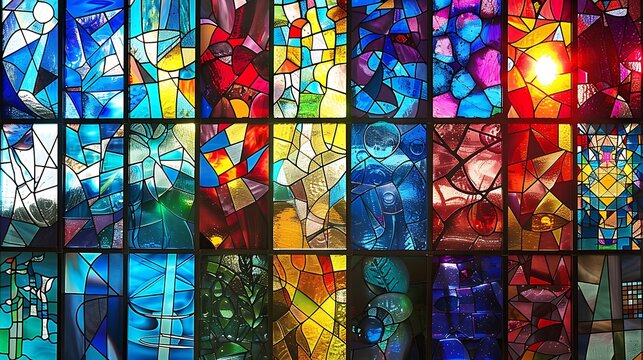 Intricate Stained Glass Panel: An Array of Vibrant Colors and Abstract Designs Illuminating Artistry - Powered by Adobe