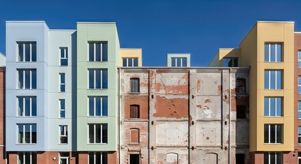 Modern apartment building next to old crumbling industrial structure under blue sky. Gentrification concept. Urban development and change.