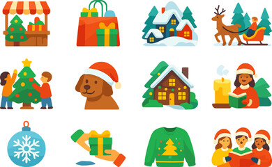 Fototapeta premium Flat Christmas Icons – Family Holiday Celebration Set