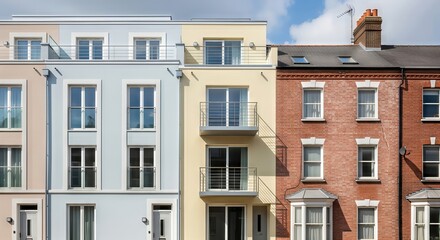 Modern housing next to traditional brick homes. Urban renewal and gentrification concept, showing contrast of architecture.
