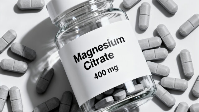 Magnesium Citrate 400 mg Supplement Bottle Surrounded by Capsules on a White Background