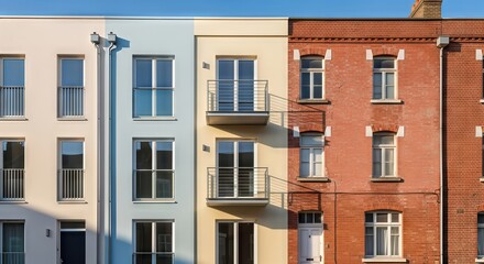 Fototapeta premium Facade of modern renovated and traditional brick apartment buildings. Concept of urban gentrification and renewal.