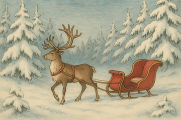 Reindeer and Sleigh in the Snow - Winter Wonderland Scene