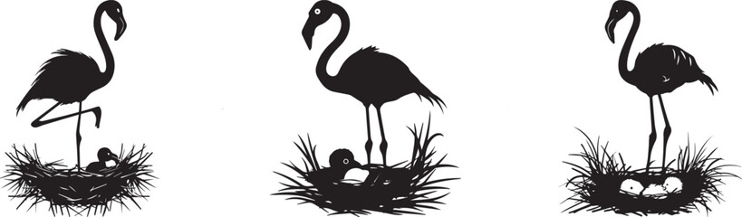 Silhouette of flamingos standing in nests with eggs — elegant tropical bird scene symbolizing nature, wildlife care, motherhood, peace and balance — black flamingo art on white background
