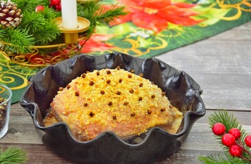 Christmas food. Delicious baked ham.
