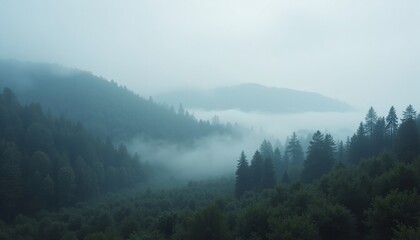 Foggy forest landscape with misty hills and dense greenery