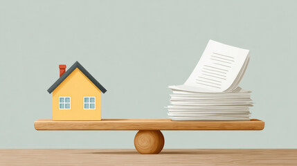 Bankruptcy legal concept with house balancing on wooden scale and legal documents