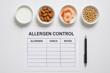 Serious allergen control concept with food allergy paperwork and checklist. Food samples including dairy, nut, seafood, and soy for comprehensive safety program on white table
