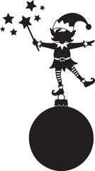 Whimsical black elf silhouette standing on a festive christmas ornament