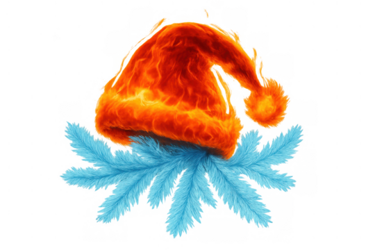 Santa hat burning with fire on a frozen fir branch, creating a hot and cold christmas concept, transparent background