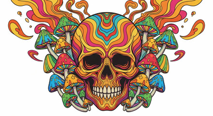 Retro 70s psychedelic skull with rainbow mushrooms