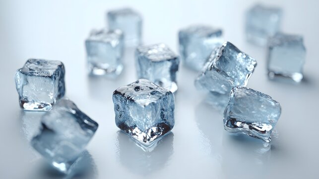 Multiple clear, solid frozen water cubes rest upon a reflective light surface