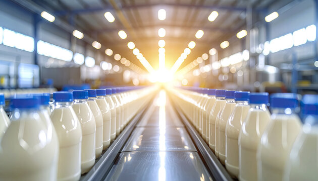 Milk bottle conveyor belt dairy production factory interior industrial lighting beverage packaging plastic container blue cap food processing manufacturing plant assembly line product packaging