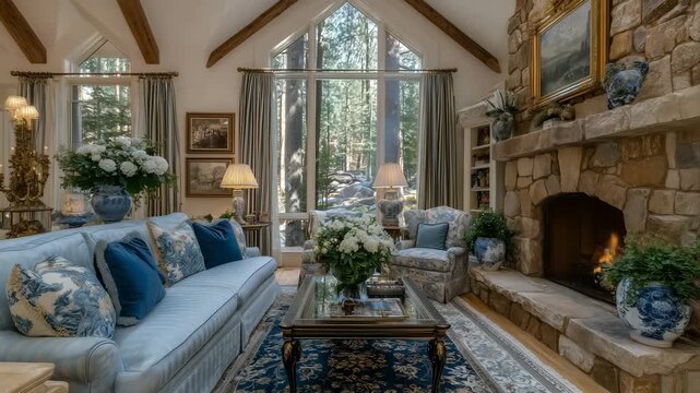 198Bright traditional-style living space with vaulted ceilings, stone fireplace, classic furniture arrangement, ornate rugs, and large windows letting in natural light